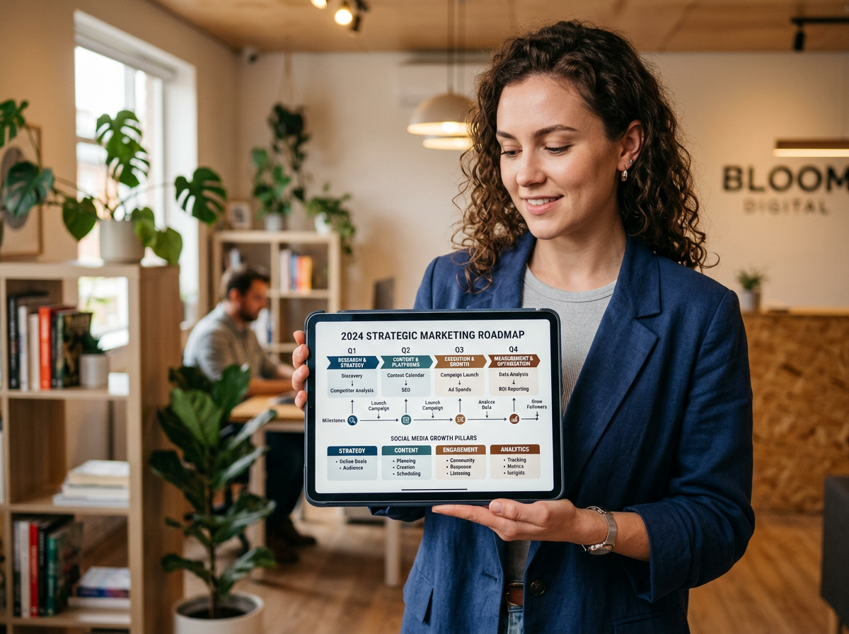 Marketing professional reviewing a social media growth strategy on a tablet