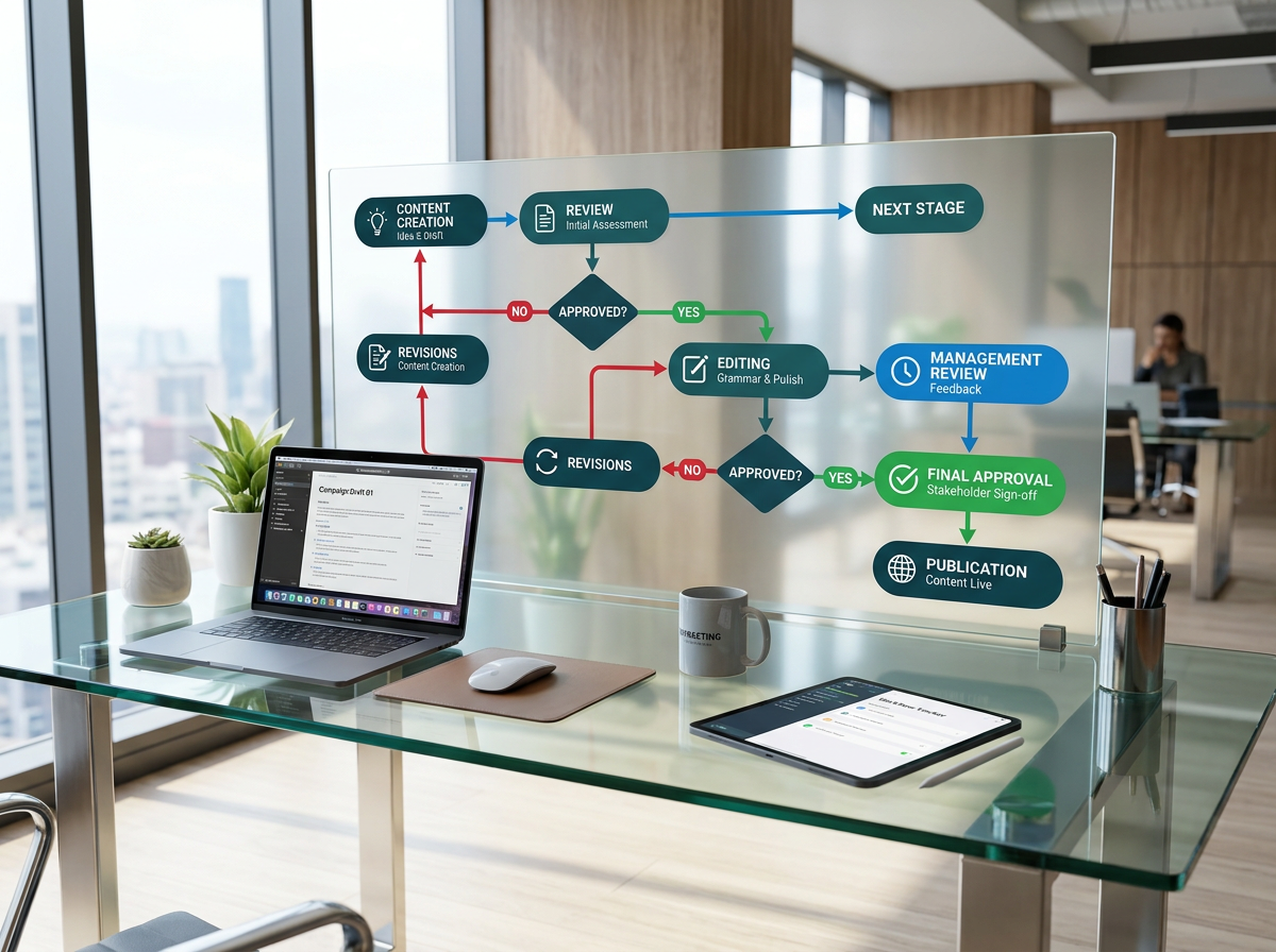 Marketing content approval workflow diagram on a desk